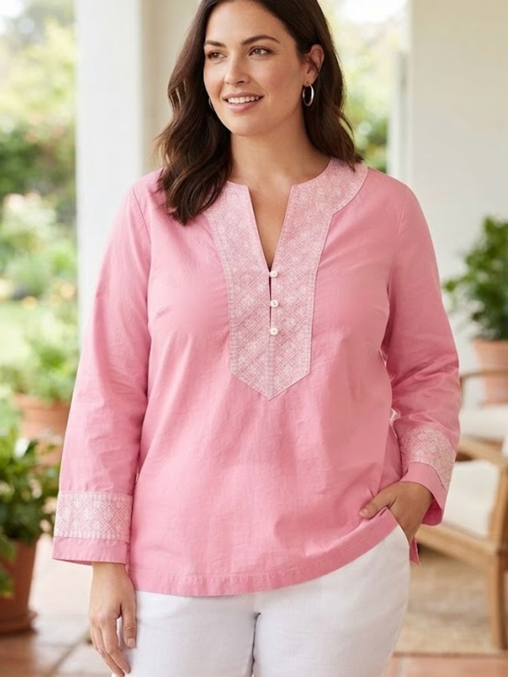 Lands' End Pink Embroidered Cotton Tunic Top Peasant Boho Relaxed Fit Boho 3XL